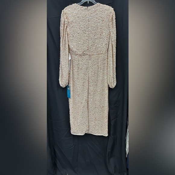 Mac Duggal 10764 NWT SEQUINED ILLUSION PUFF SLEEVE V NECK MIDI DRESS - Picture 5 of 6